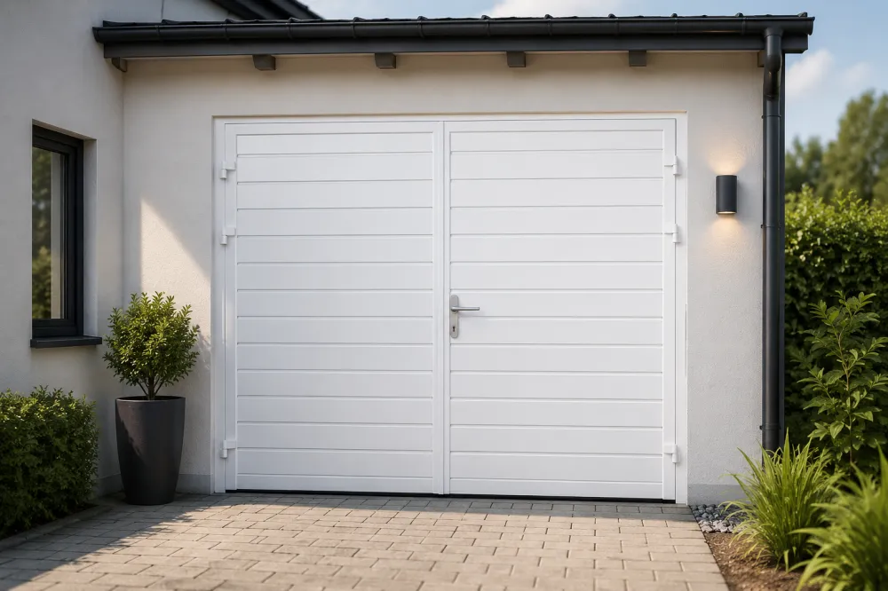 Weißes zweiflügeliges Garagentor an einer hellen Garage